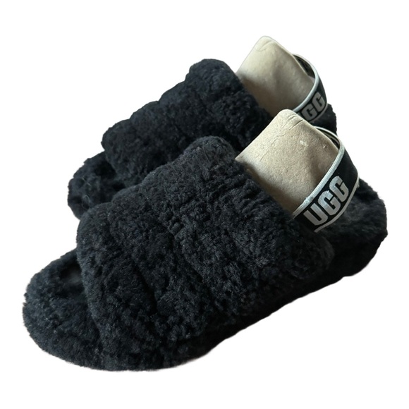 UGG Fluff Yeah Black Sheepskin Slingback Platform Slide Slippers – Size 9 - Picture 10 of 12